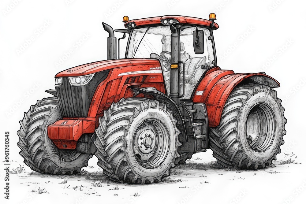 Obraz premium Red powerful wheeled tractor standing on farmland illustration