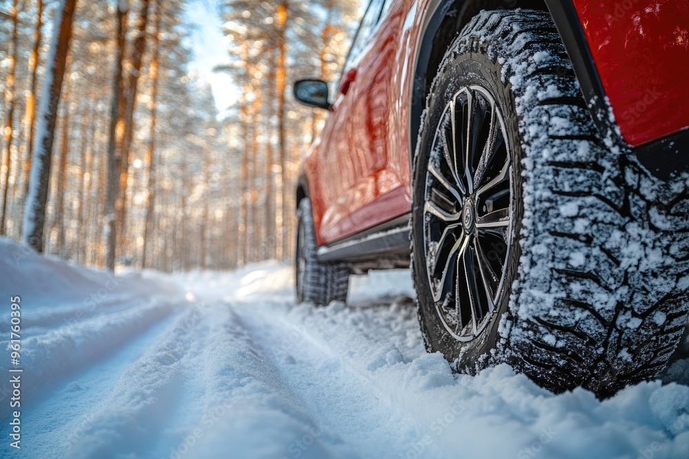 Red car driving on snowy forest road in winter Red car driving on snowy forest road in winter