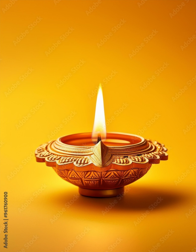 Indian festival happy diwali oil lamp or diya on yellow background Indian festival happy diwali oil lamp or diya on yellow background