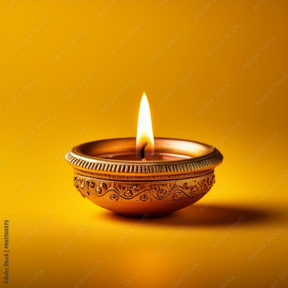 Indian festival happy diwali oil lamp or diya on yellow background Indian festival happy diwali oil lamp or diya on yellow background