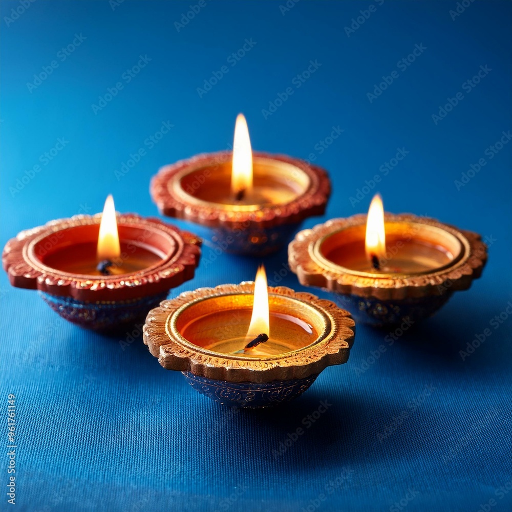 Indian festival happy diwali oil lamps or diya on blue background Indian festival happy diwali oil lamps or diya on blue background