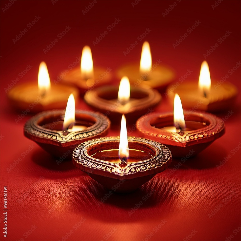 Indian festival happy diwali oil lamps or diya on red background Indian festival happy diwali oil lamps or diya on red background