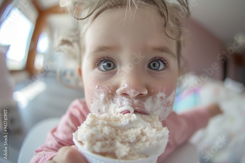 Endearing toddler expressive face and vibrant hair. Ice cream creates a moment of joy for this child.  Innocence embodied playful moment of pure joy and family love. photo