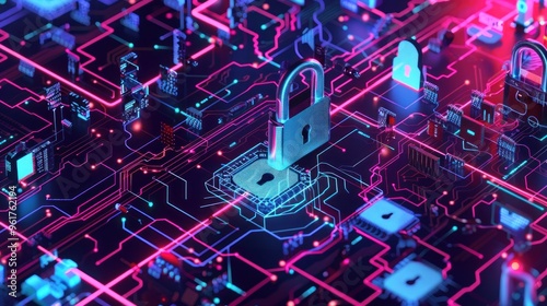 Cyber Security Concept with Padlock on Circuit Board