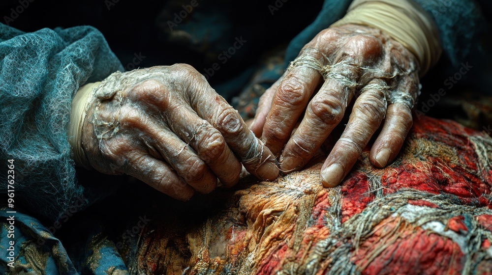 Elderly Hands Working on a Textile Elderly Hands Working on a Textile