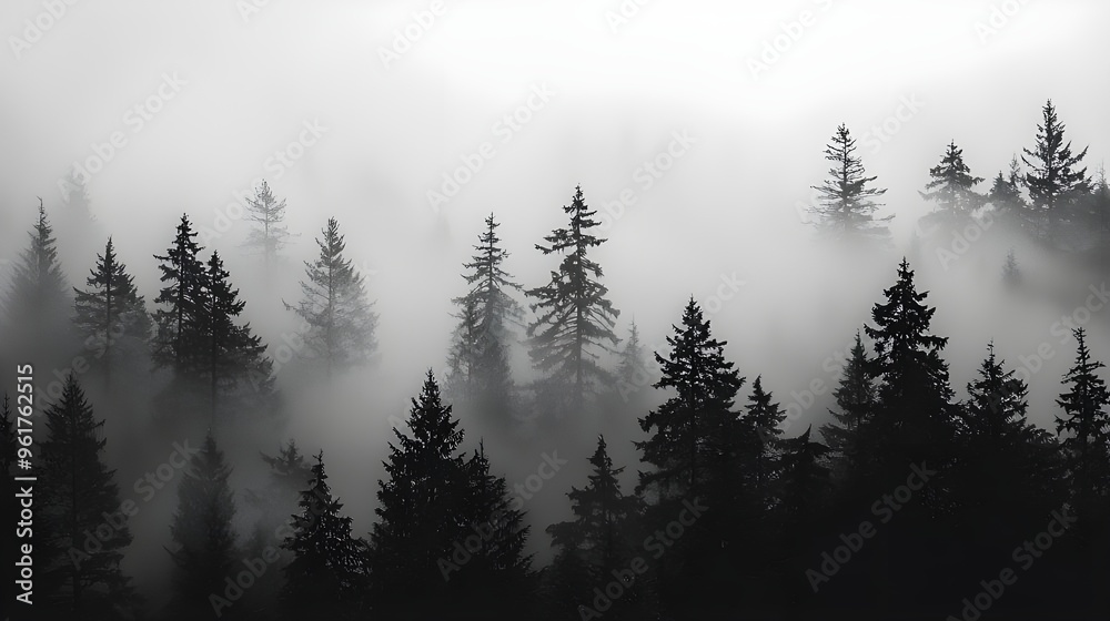 Obraz premium A moody shot of a forest shrouded in morning mist, with the silhouettes of trees barely visible against a gray, foggy sky.