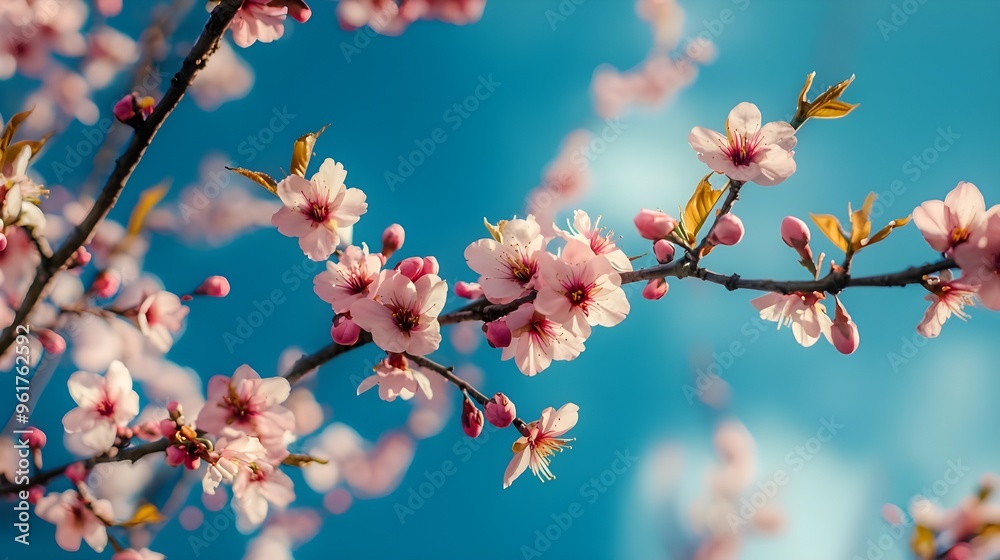 A vibrant image capturing tree branches covered in spring blossoms, with a bright blue sky as the background. A vibrant image capturing tree branches covered in spring blossoms, with a bright blue sky as the background.