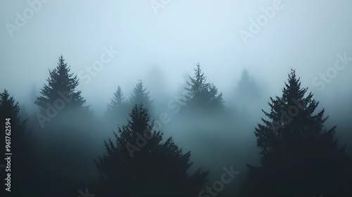 A moody shot of a forest shrouded in morning mist, with the silhouettes of trees barely visible against a gray, foggy sky.