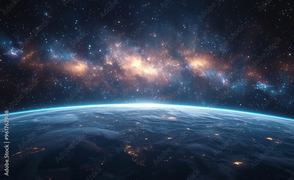 Fototapeta premium Breathtaking view of Earth from space with a vibrant galaxy shining brightly above