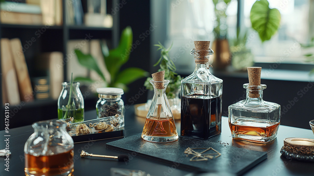 a stylish witch’s modern workspace with a focus on her carefully arranged spell ingredients and mystical artifacts a stylish witch’s modern workspace with a focus on her carefully arranged spell ingredients and mystical artifacts