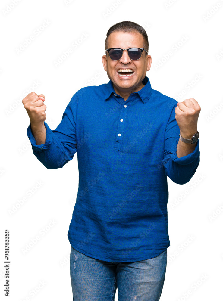 Middle age arab man wearing sunglasses over isolated background celebrating surprised and amazed for success with arms raised and open eyes. Winner concept. Middle age arab man wearing sunglasses over isolated background celebrating surprised and amazed for success with arms raised and open eyes. Winner concept.