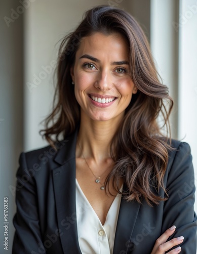 Confident smiling middle-aged businesswoman | female professional standing arms crossed in office