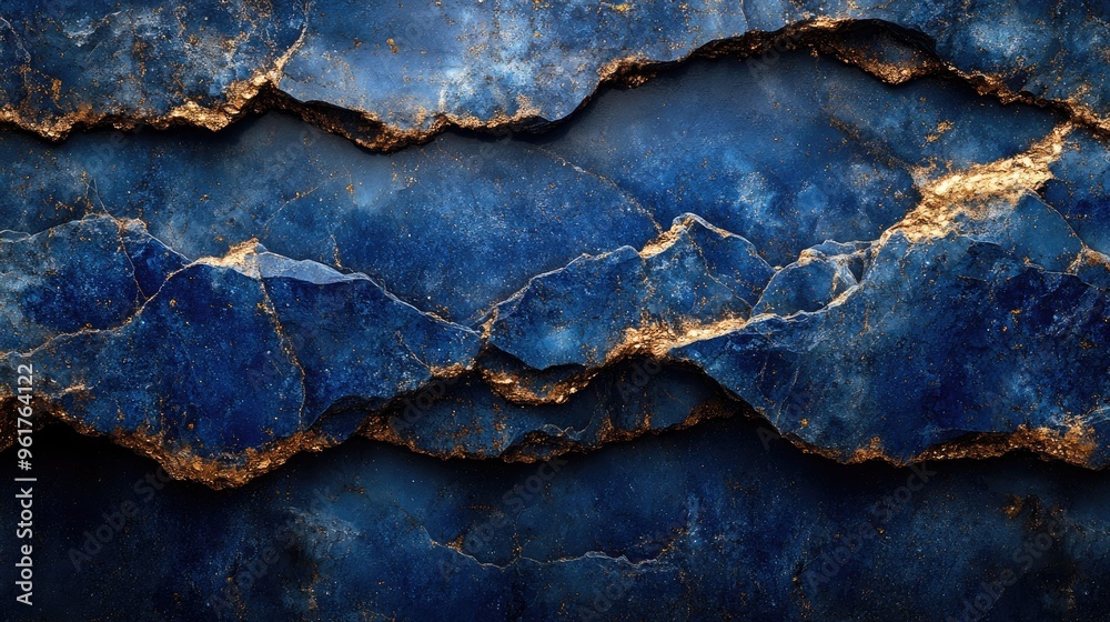 Fototapeta premium Blue gemstone wall shining with golden veins background texture