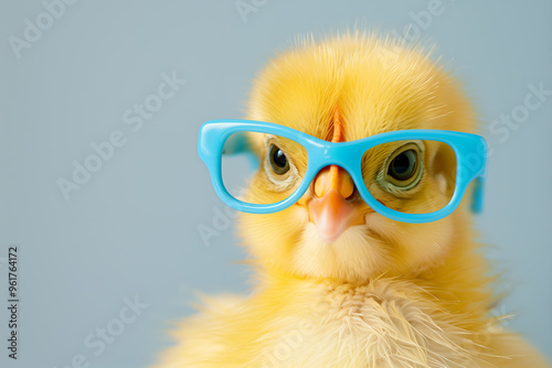 Fashionable yellow chick in blue glasses photo