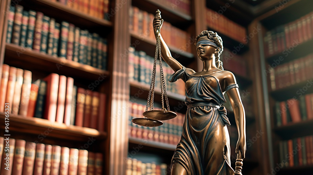 Lady justice statue holding balance scales in law library background. Concept of legal fairness and impartiality.
Lady justice statue holding balance scales in law library background. Concept of legal fairness and impartiality.