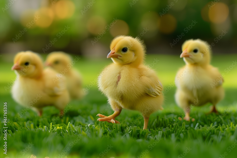 Yellow chickens on the grass Yellow chickens on the grass
