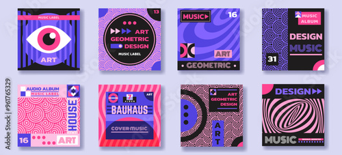 Pattern poster. Music album design layout. Abstract shape. Retro artwork. Line cool texture. Vintage geometric brochure. Eye and striped swirls. Book cover. Bauhaus banner. Vector tidy backgrounds set