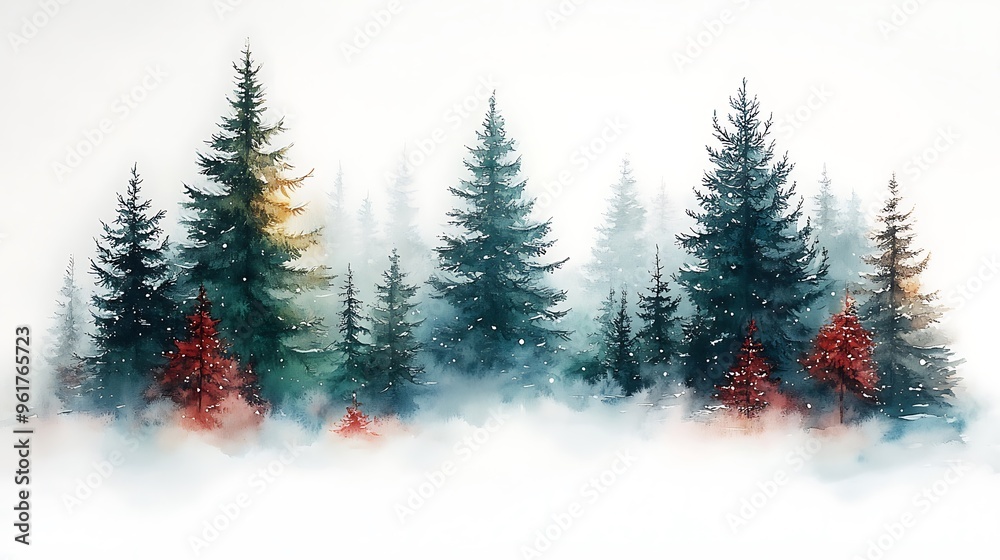 Obraz premium Watercolor Painting of a Snowy Forest Landscape.
