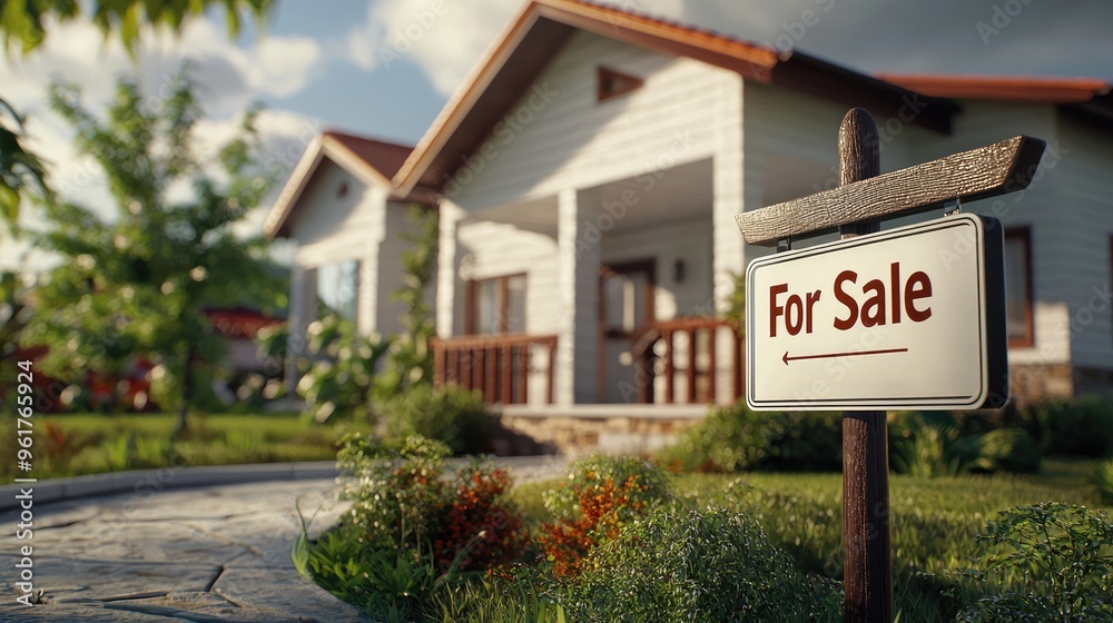 For sale sign standing outside a beautiful suburban home