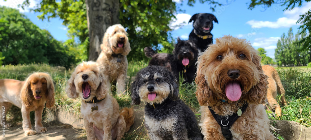 Φωτογραφία A pack of cute and happy dog friends of various breed, age and size are hanging