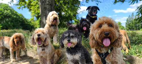 A pack of cute and happy dog friends of various breed, age and size are hanging out together in a green park on a sunny day enjoying their group dog walk - dog walking, pet sitting, dog day care