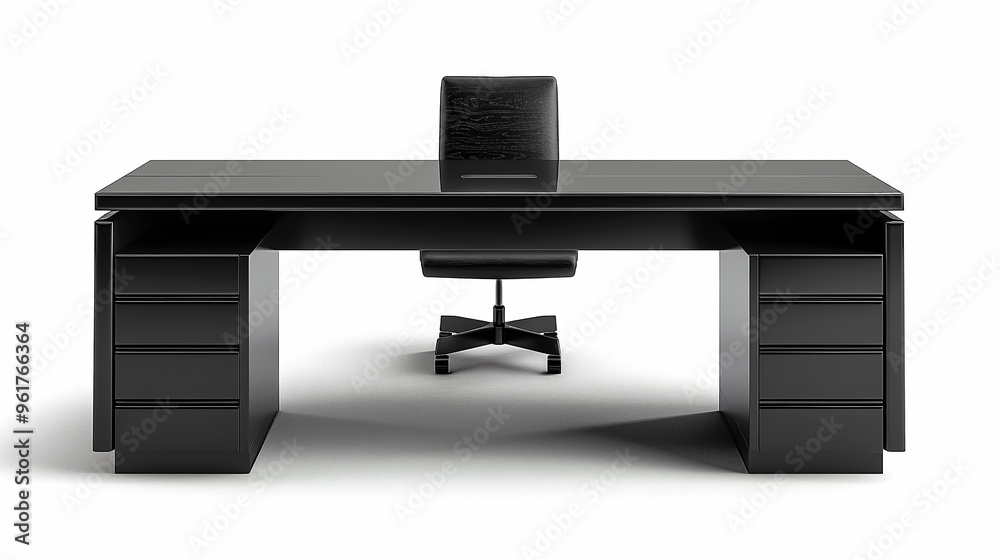 A sleek black office desk clipart, furniture element, realistic illustration, black, isolated on white background A sleek black office desk clipart, furniture element, realistic illustration, black, isolated on white background
