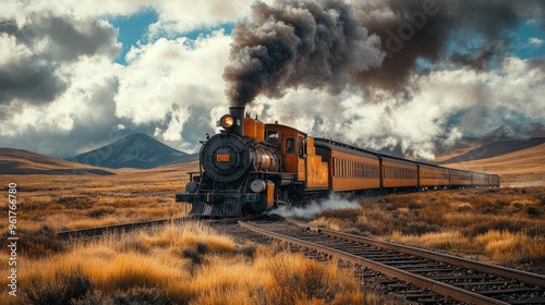 Classic steam train traveling through the wild west desert landscape photo