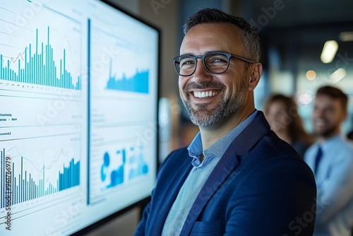 Several professionals are gathered around a table in a modern office, listening to a businessman stand in front of a large screen showing a graph depicting upward growth.
