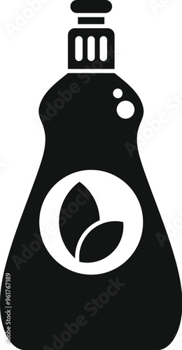 Black silhouette of a plastic bottle containing washing up liquid with a plant symbol suggesting biodegradable ingredients