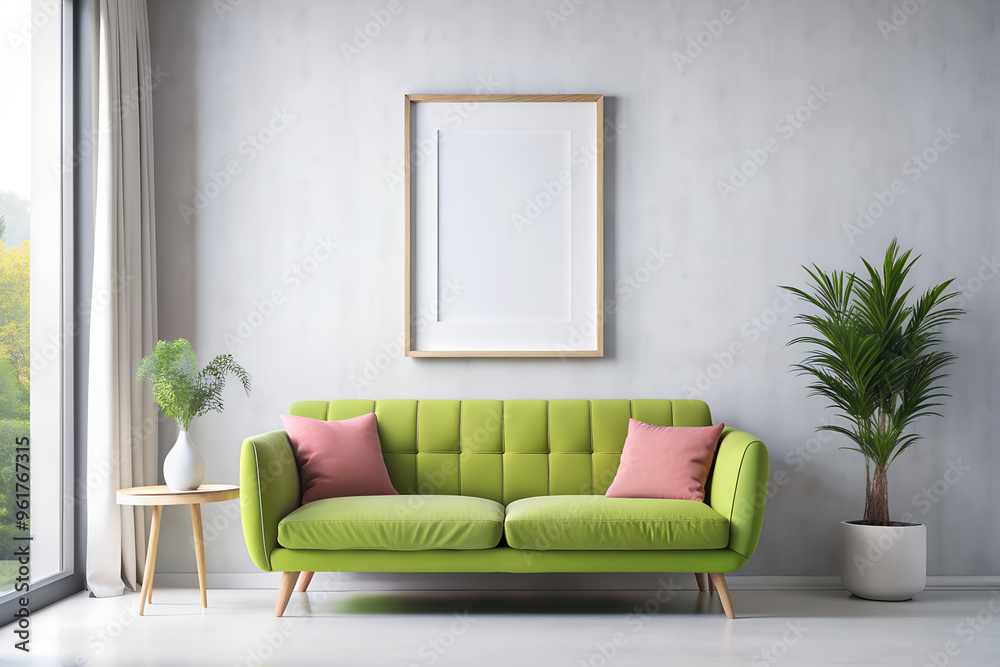 Mockup with empty frame to advertise your painting or poster in modern minimalist apartment interior in green pastel colors
Mockup with empty frame to advertise your painting or poster in modern minimalist apartment interior in green pastel colors