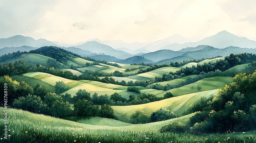Watercolor Painting of Rolling Hills and Distant Mountains. Watercolor Painting of Rolling Hills and Distant Mountains.