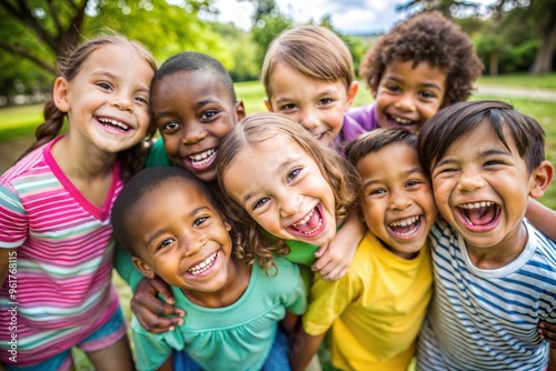 Fototapeta Naklejka Na Ścianę i Meble -  Joyful group of diverse children smiling outdoors on sunny day in park