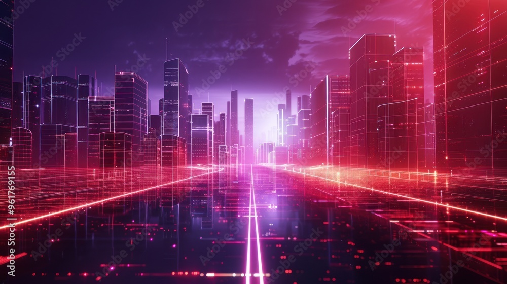 Fototapeta premium Neon Cityscape with Glowing Lines
