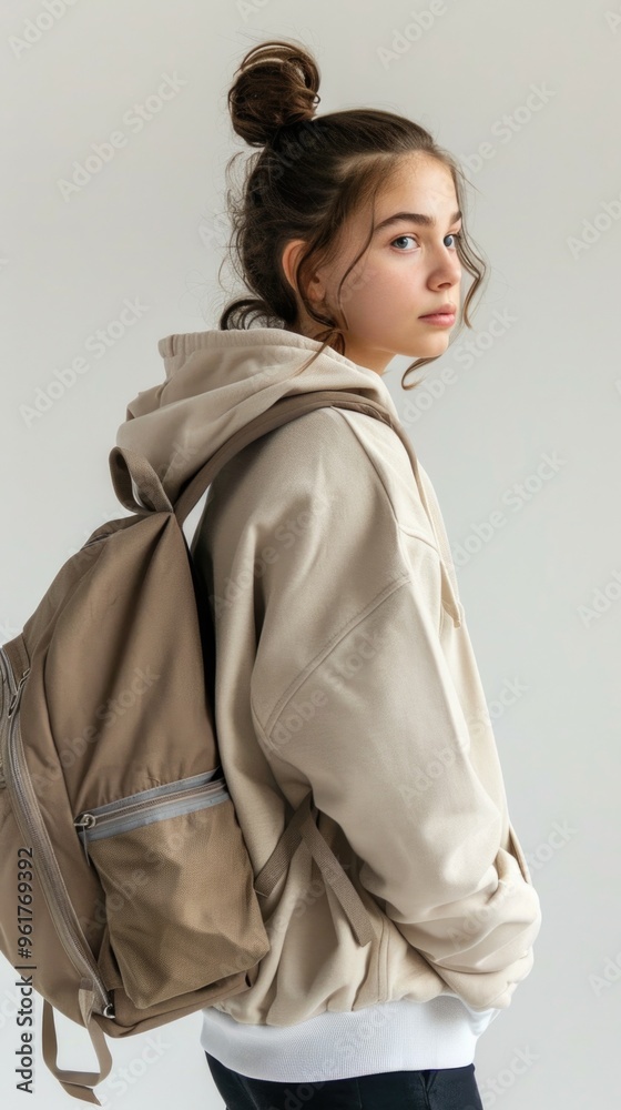 A girl wearing a tan hoodie and a backpack is standing in front of a white wall A girl wearing a tan hoodie and a backpack is standing in front of a white wall