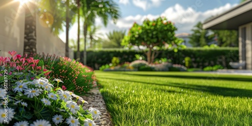 A flower bed, a neatly trimmed lawn in the garden in the sunlight.  #961769729