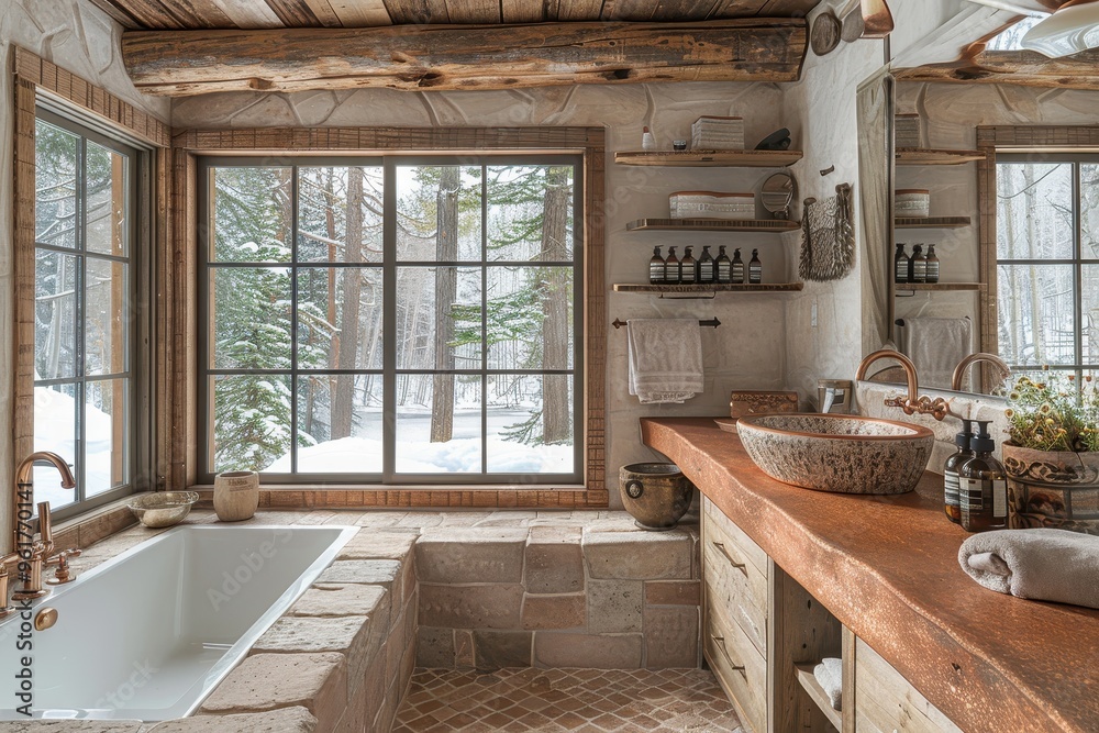 Obraz premium Rustic Bathroom A rustic bathroom with wooden beams, a stone sink, and copper fixtures. Include a large mirror and natural light