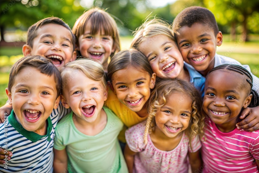 Group of happy kids laughing and smiling together in sunny park daytime Group of happy kids laughing and smiling together in sunny park daytime