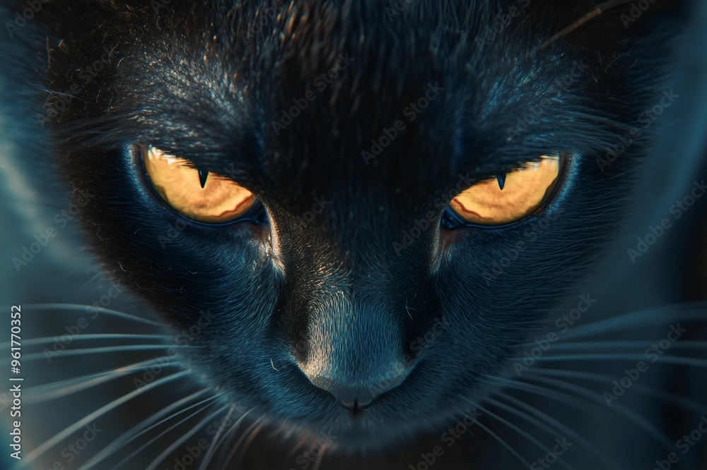 Detailed close-up of a black cat's face, focusing on its striking yellow eyes, creating a captivating and mysterious look. Detailed close-up of a black cat's face, focusing on its striking yellow eyes, creating a captivating and mysterious look.
