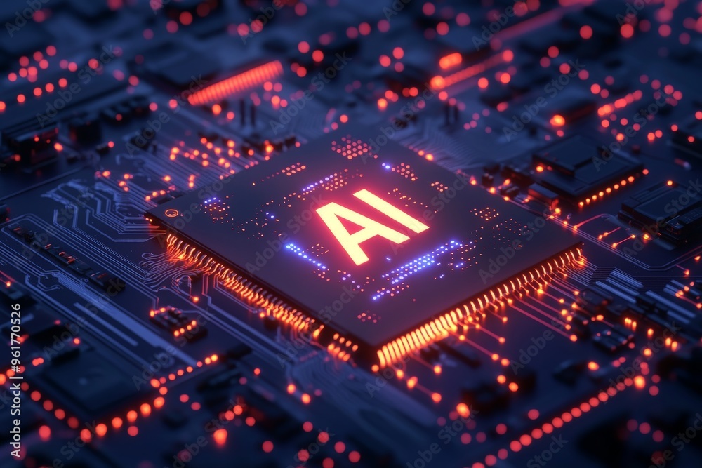 Ai chip on circuit board with glowing red and blue lights Ai chip on circuit board with glowing red and blue lights