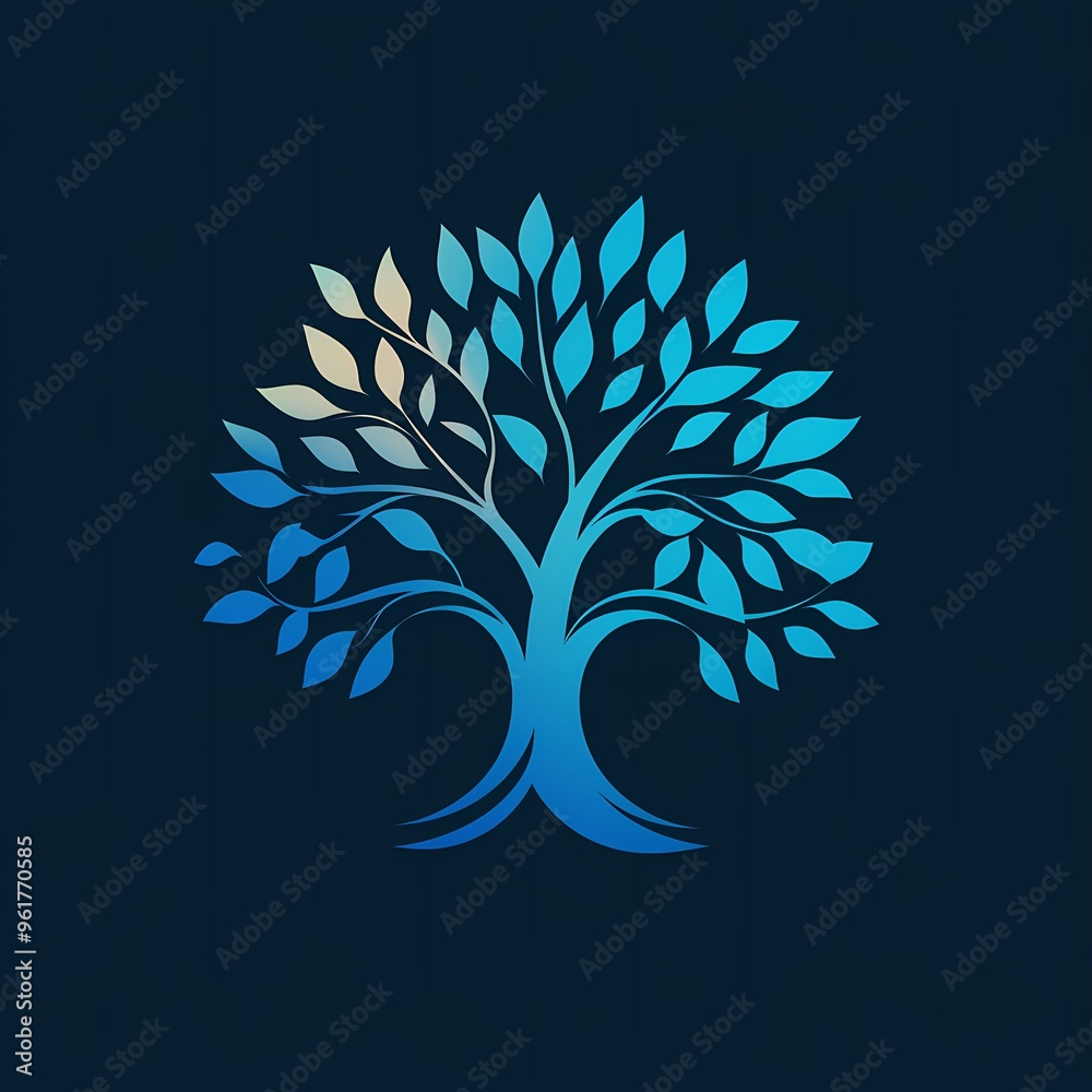 Stylized Blue Tree with Gradient Leaves on Dark Blue Background Stylized Blue Tree with Gradient Leaves on Dark Blue Background