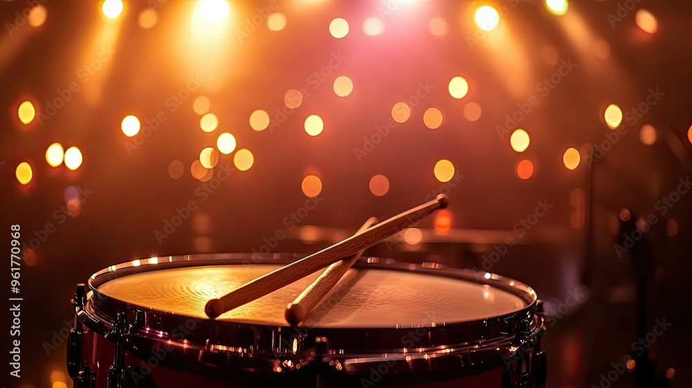 Obraz premium A close-up of a pair of drumsticks resting on a snare drum, with stage lights creating a moody atmosphere in the background.