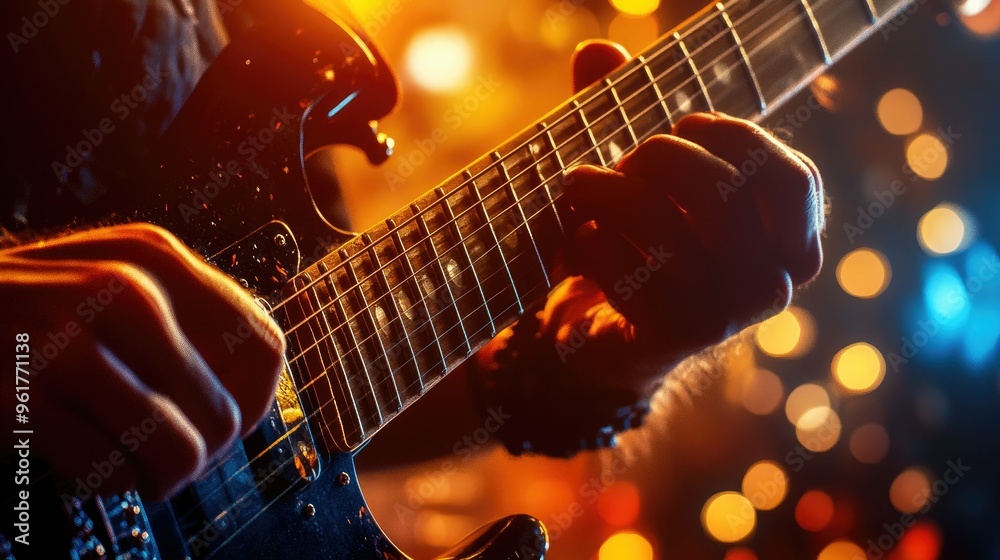 Obraz premium A close-up of an electric guitar's strings and fretboard, with a musician's hand in focus playing a fast solo, and stage lights in the background.