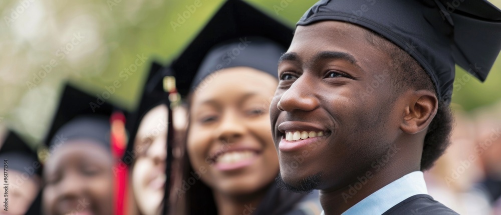 A group of graduates are smiling and wearing caps and gowns A group of graduates are smiling and wearing caps and gowns