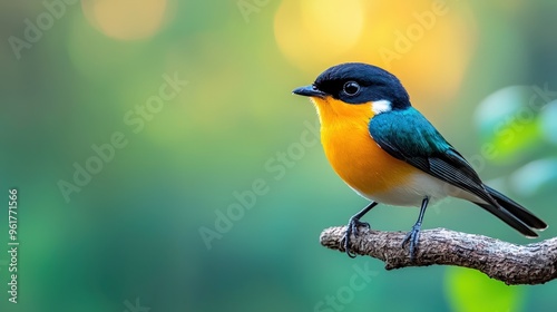 Close-up of a migratory bird perched on a tree branch with a vibrant backdrop