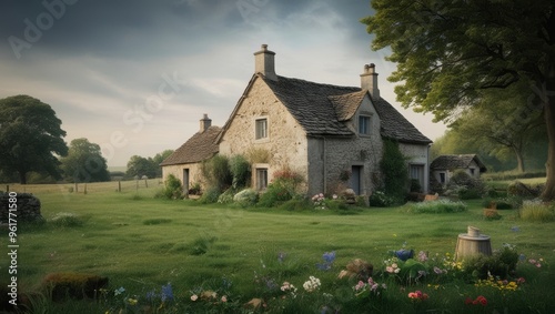 A cozy stone village house on a grass field. Rural beautiful landscape with flowers and trees. Evening sky with clouds. Relaxing scene.