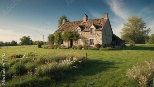 A cozy stone village house on a grass field. Rural beautiful landscape with flowers and trees. Evening sky with clouds. Relaxing scene.