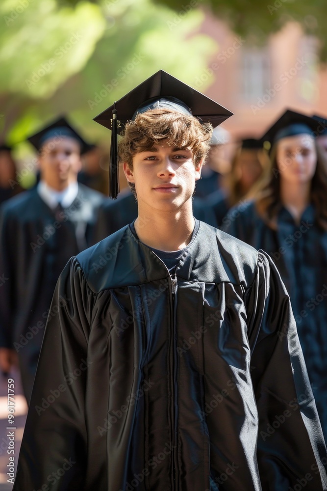 Fototapeta premium A man in a black graduation gown stands in front of a group of people