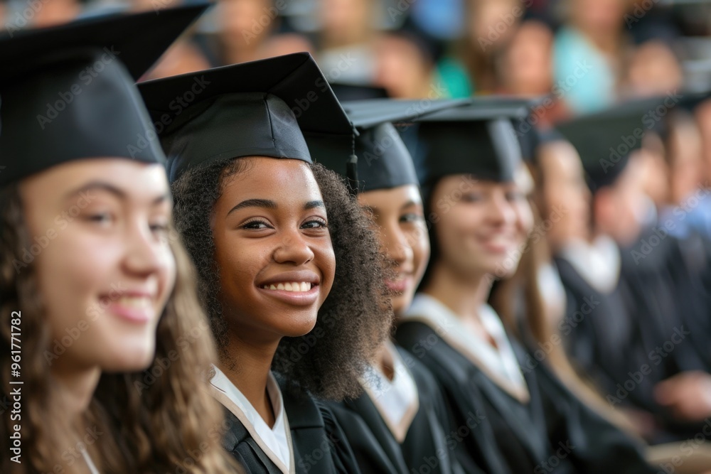 A group of women in graduation caps and gowns are smiling for the camera A group of women in graduation caps and gowns are smiling for the camera