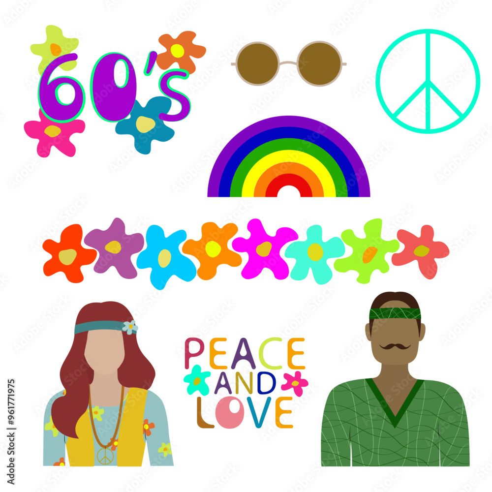 Fototapeta premium hippie style - pack of flat style graphic elements - 60's