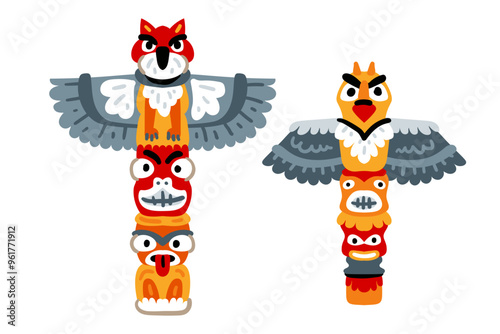 Vector illustration set tribal mask. Set of Native American totem. Isolated cartoon icon traditional totem on white background